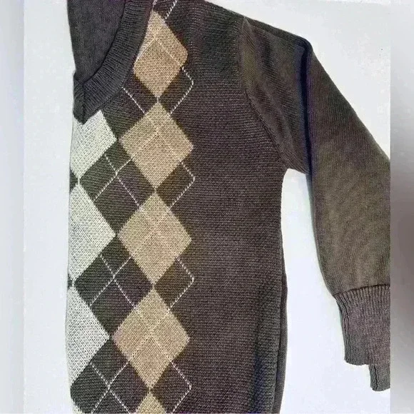 Argyle V-Neck Sweater, Brown, Women’s Size Medium, Baggy Fit, Karwuiio - Picture 7 of 12